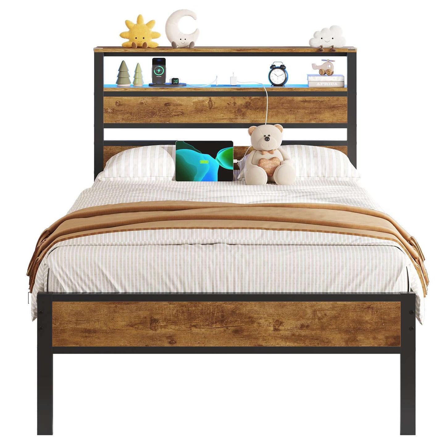 Hasuit | Bed Frame with Headboard Storage Shelves LED Bed Frame with Charging Station Metal Platform Bed Twin Full Queen Three Sizes