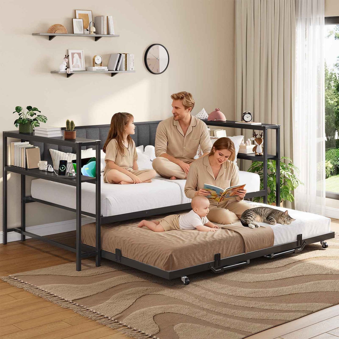 Hasuit | Daybed with Trundle and Charging Station Heavy Duty Metal Day Bed with Upholstered Backrest & Storage Shelves Black Two Sizes