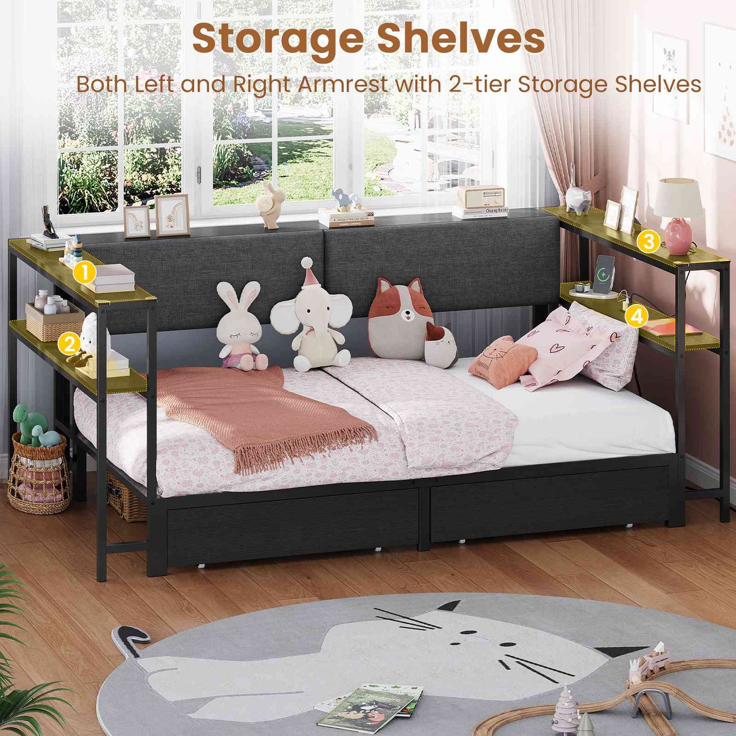 Hasuit | Daybed with Storage Bookcase and Drawers Kids Bedroom Bed Frame Unit with Charging Station Corner Bed Twin / Full Sizes