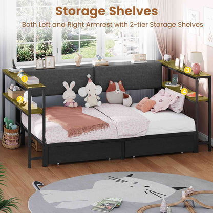 Hasuit | Daybed with Storage Bookcase and Drawers Kids Bedroom Bed Frame Unit with Charging Station Corner Bed Twin / Full Sizes