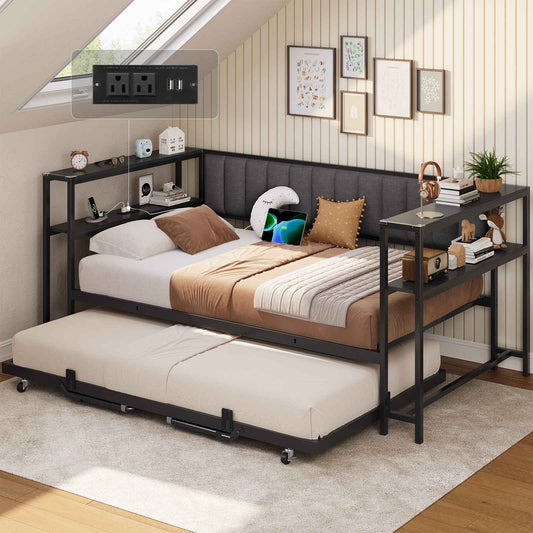 Hasuit | Daybed with Trundle and Charging Station Heavy Duty Metal Day Bed with Upholstered Backrest & Storage Shelves Black Two Sizes