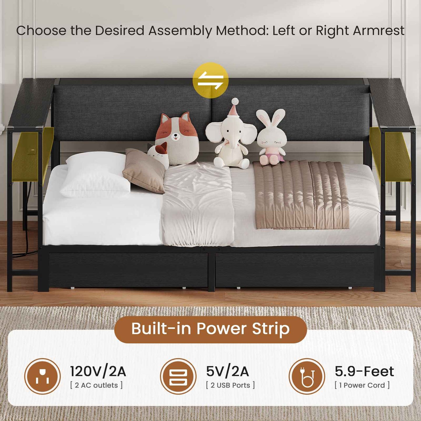 Hasuit | Daybed with Storage Bookcase and Drawers Kids Bedroom Bed Frame Unit with Charging Station Corner Bed Twin / Full Sizes