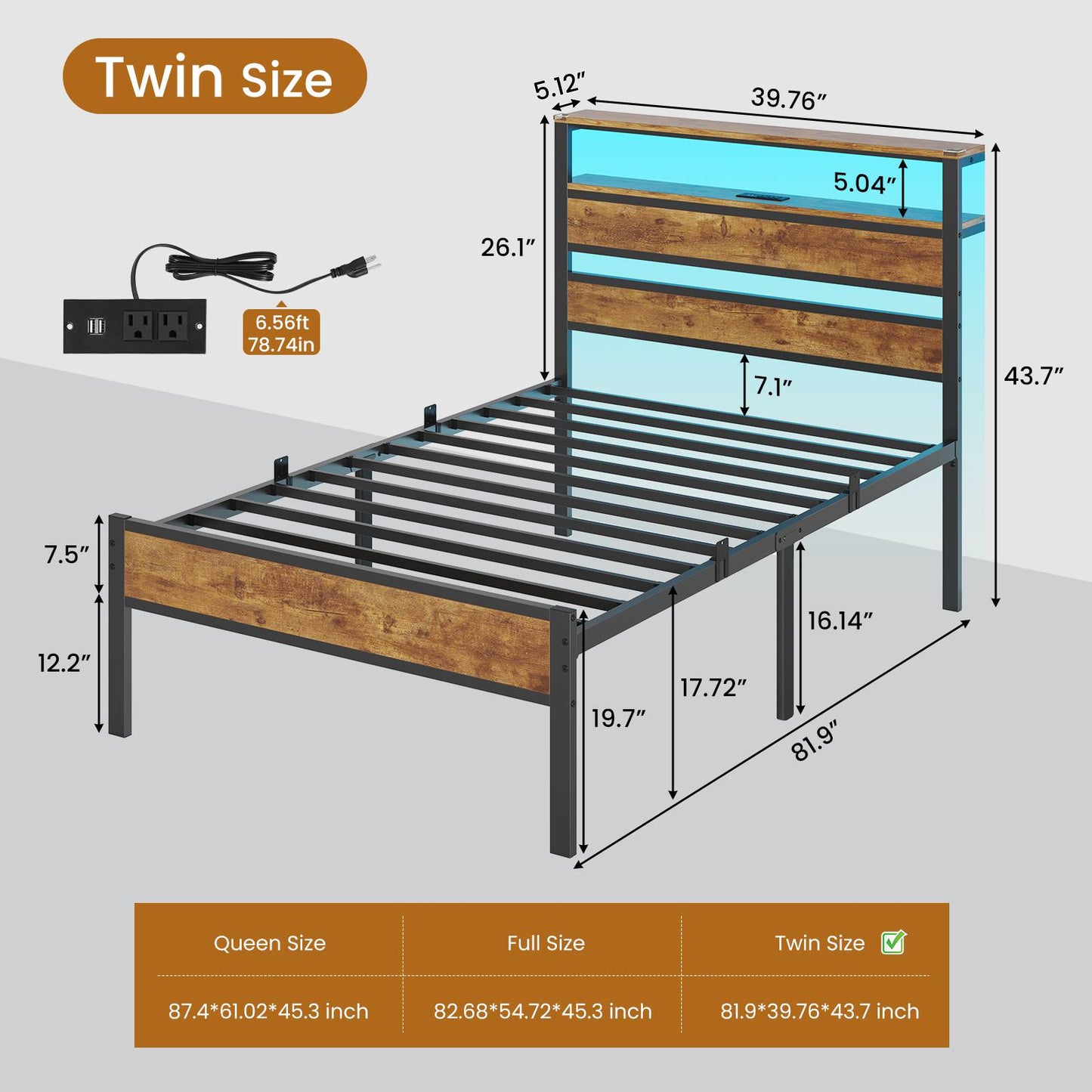 Hasuit | Bed Frame with Headboard Storage Shelves LED Bed Frame with Charging Station Metal Platform Bed Twin Full Queen Three Sizes