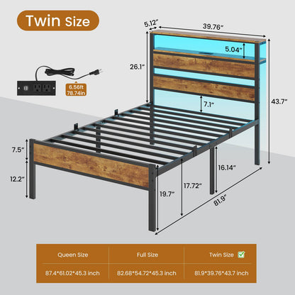 Hasuit | Bed Frame with Headboard Storage Shelves LED Bed Frame with Charging Station Metal Platform Bed Twin Full Queen Three Sizes