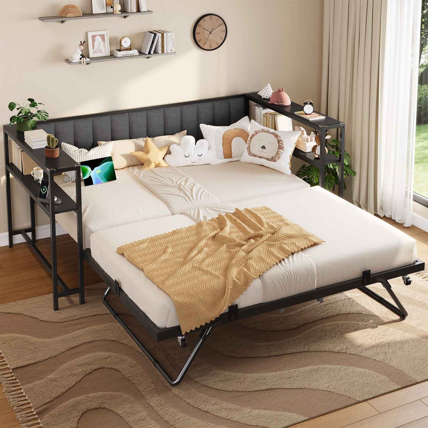Hasuit | Daybed with Trundle and Charging Station Heavy Duty Metal Day Bed with Upholstered Backrest & Storage Shelves Black Two Sizes