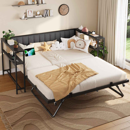 Hasuit | Daybed with Trundle and Charging Station Heavy Duty Metal Day Bed with Upholstered Backrest & Storage Shelves Black Two Sizes