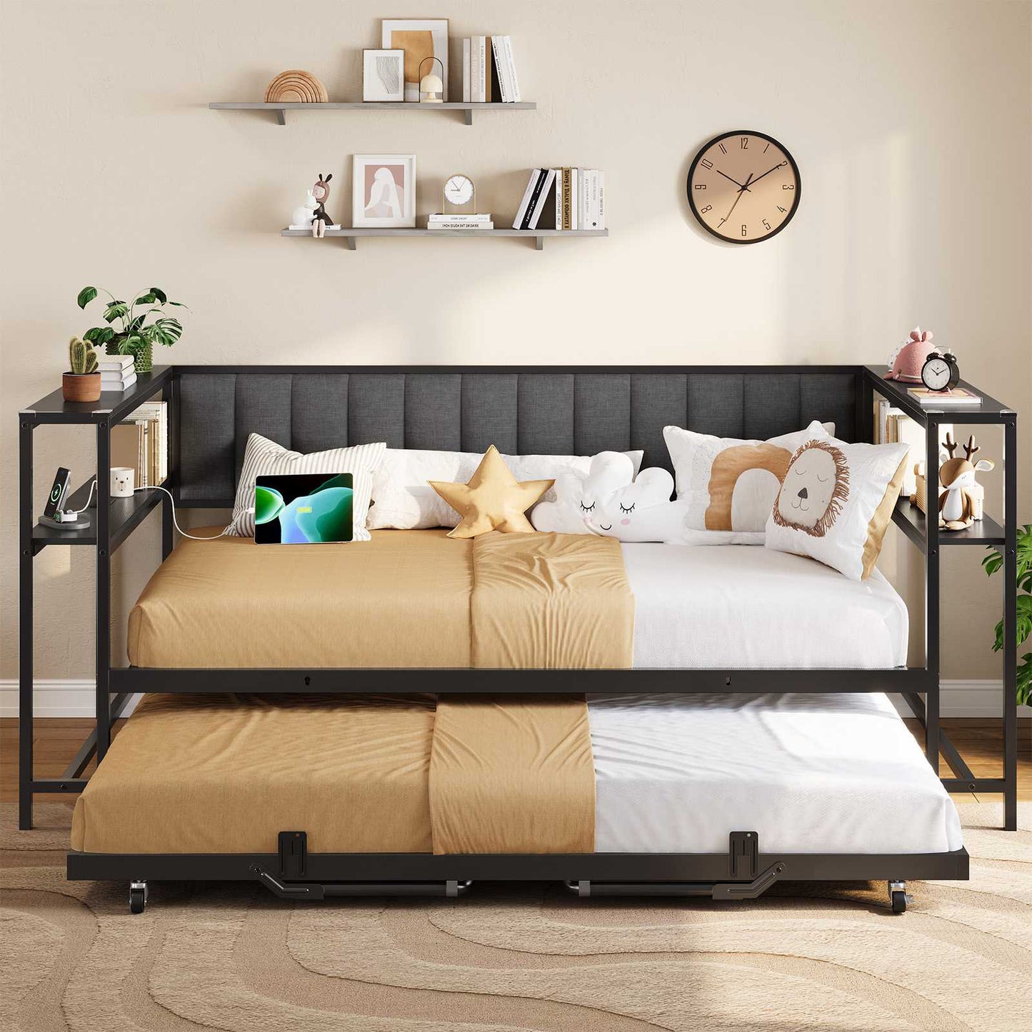 Hasuit | Daybed with Trundle and Charging Station Heavy Duty Metal Day Bed with Upholstered Backrest & Storage Shelves Black Two Sizes