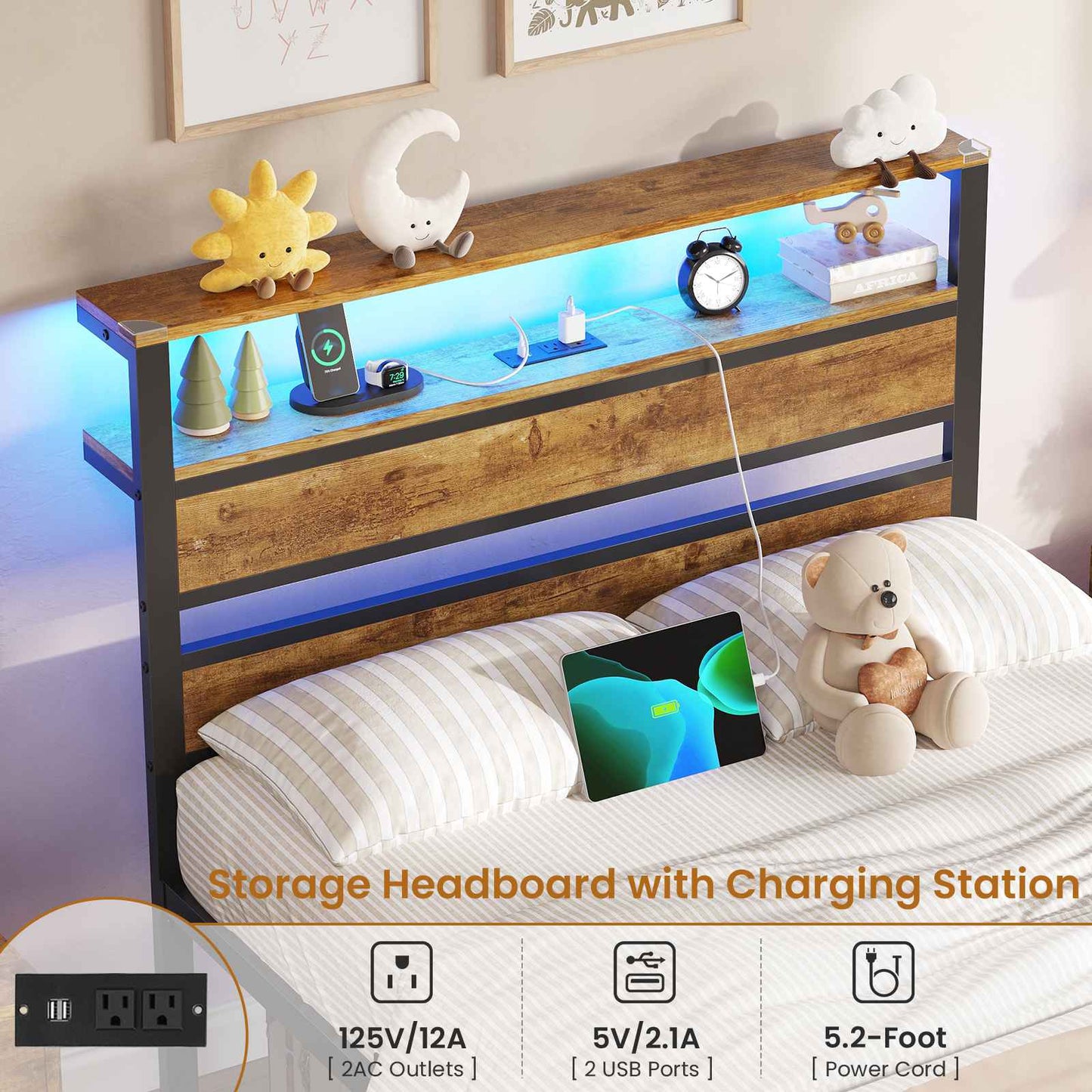 Hasuit | Bed Frame with Headboard Storage Shelves LED Bed Frame with Charging Station Metal Platform Bed Twin Full Queen Three Sizes