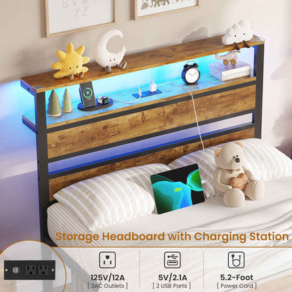 Hasuit | Bed Frame with Headboard Storage Shelves LED Bed Frame with Charging Station Metal Platform Bed Twin Full Queen Three Sizes