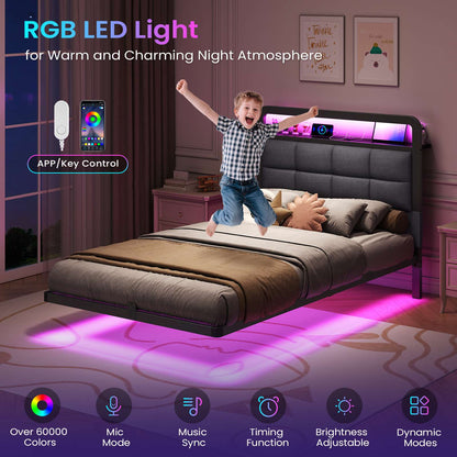 Hasuit | Floating Bed Frame with Charging Station and LED Lights Bed Frame with Wood Storage Headboard Upholstered Platform Bed Two Sizes