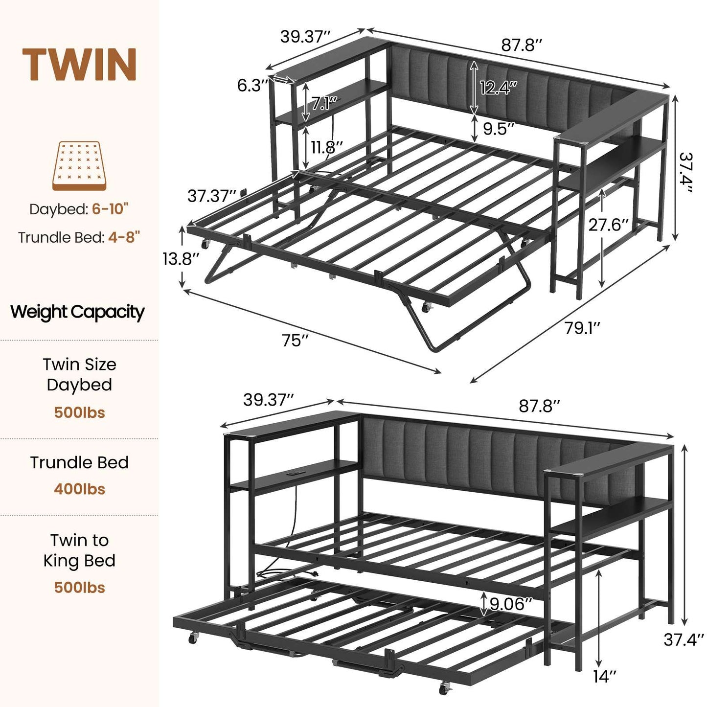 Hasuit | Daybed with Trundle and Charging Station Heavy Duty Metal Day Bed with Upholstered Backrest & Storage Shelves Black Two Sizes