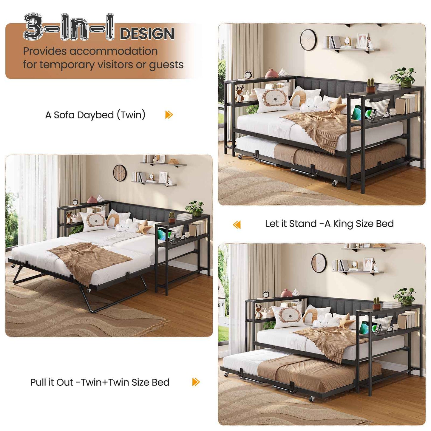 Hasuit | Daybed with Trundle and Charging Station Heavy Duty Metal Day Bed with Upholstered Backrest & Storage Shelves Black Two Sizes