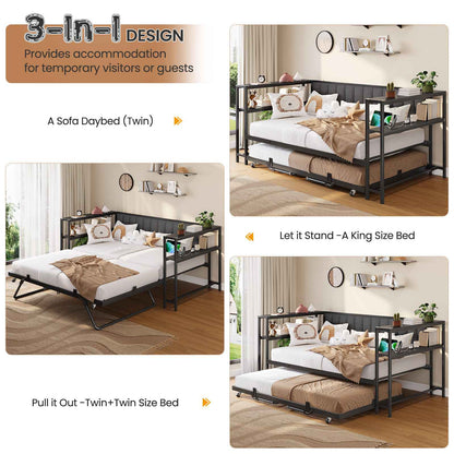 Hasuit | Daybed with Trundle and Charging Station Heavy Duty Metal Day Bed with Upholstered Backrest & Storage Shelves Black Two Sizes