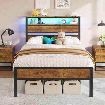 Hasuit | Bed Frame with Headboard Storage Shelves LED Bed Frame with Charging Station Metal Platform Bed Twin Full Queen Three Sizes