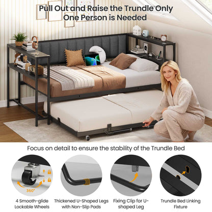 Hasuit | Daybed with Trundle and Charging Station Heavy Duty Metal Day Bed with Upholstered Backrest & Storage Shelves Black Two Sizes
