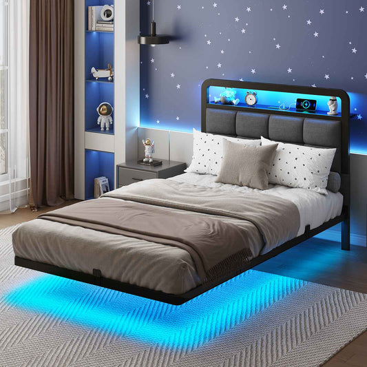 Hasuit | Floating Bed Frame with Charging Station and LED Lights Bed Frame with Wood Storage Headboard Upholstered Platform Bed Two Sizes