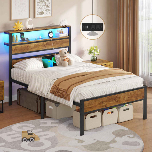 Hasuit | Bed Frame with Headboard Storage Shelves LED Bed Frame with Charging Station Metal Platform Bed Twin Full Queen Three Sizes