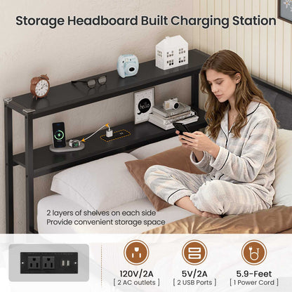 Hasuit | Daybed with Trundle and Charging Station Heavy Duty Metal Day Bed with Upholstered Backrest & Storage Shelves Black Two Sizes