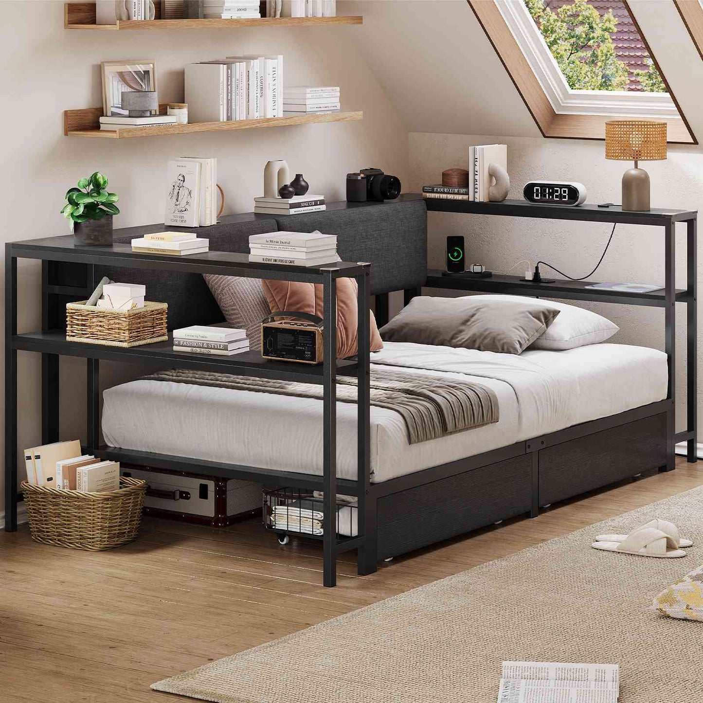 Hasuit | Daybed with Storage Bookcase and Drawers Kids Bedroom Bed Frame Unit with Charging Station Corner Bed Twin / Full Sizes