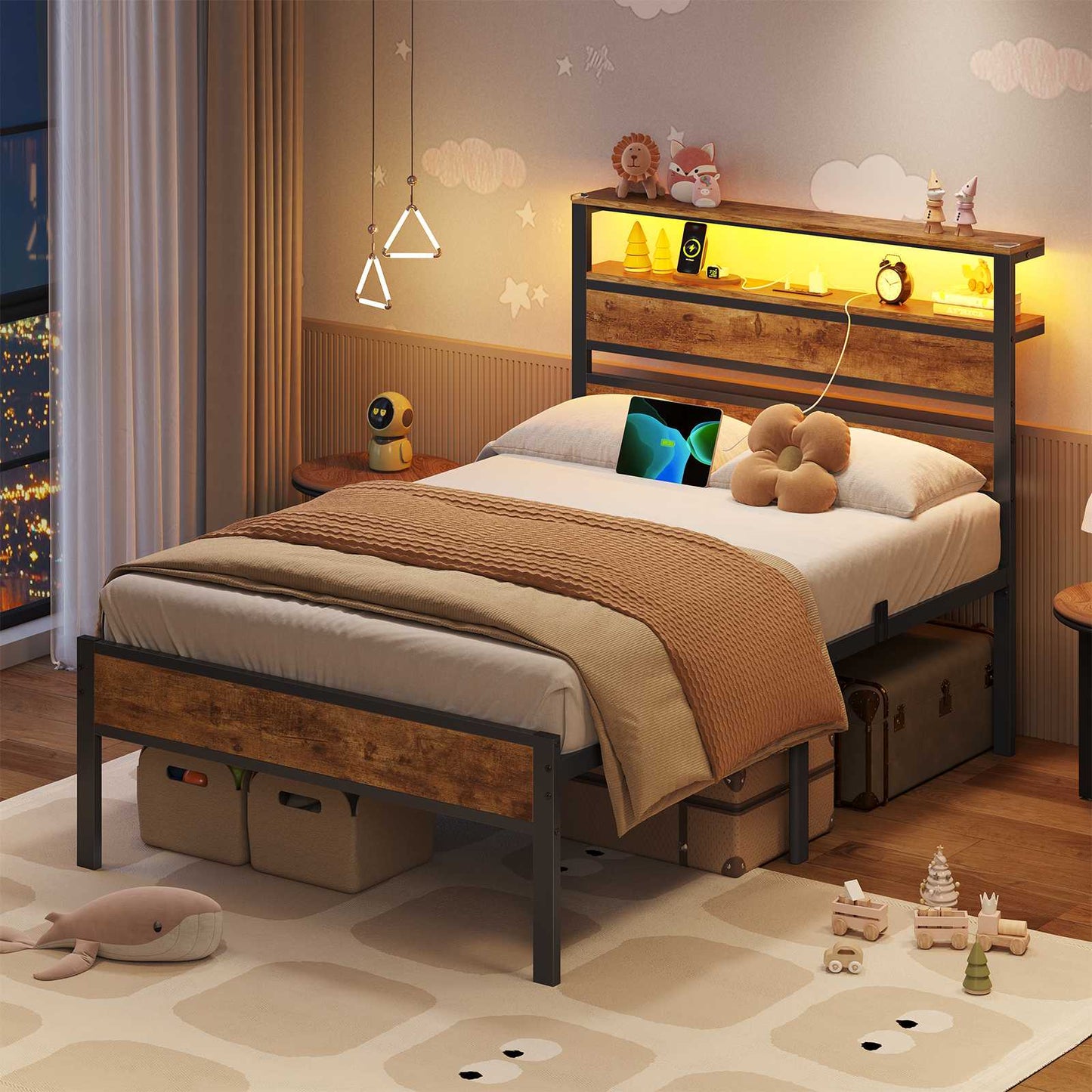 Hasuit | Bed Frame with Headboard Storage Shelves LED Bed Frame with Charging Station Metal Platform Bed Twin Full Queen Three Sizes