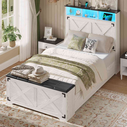 Hasuit | Farmhouse Bed Frame Twin Size with Storage Headboard Charging Station and LED Light Wooden Twin Bed Frame with Storage Ottoman