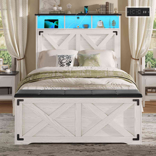 Hasuit | Farmhouse Bed Frame Twin Size with Storage Headboard Charging Station and LED Light Wooden Twin Bed Frame with Storage Ottoman