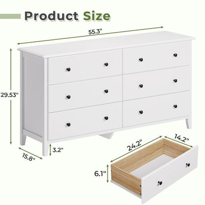 Hasuit | 55.3 Inch Wide Dresser Long Dressers Chest of Drawers Large Capacity 6 Drawer Double Dresser White