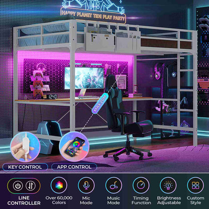 Hasuit | Full Size Metal Loft Bed with Desk LED Lights & Charging Station Loft Bed Includes Safety Guard Rail & Ladder No Box Spring Needed