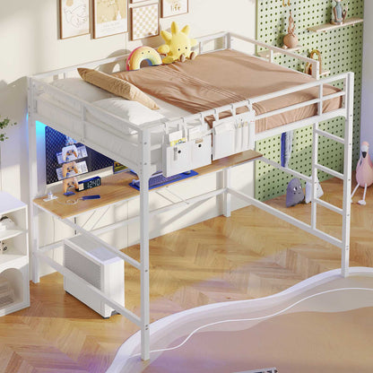 Hasuit | Full Size Metal Loft Bed with Desk LED Lights & Charging Station Loft Bed Includes Safety Guard Rail & Ladder No Box Spring Needed