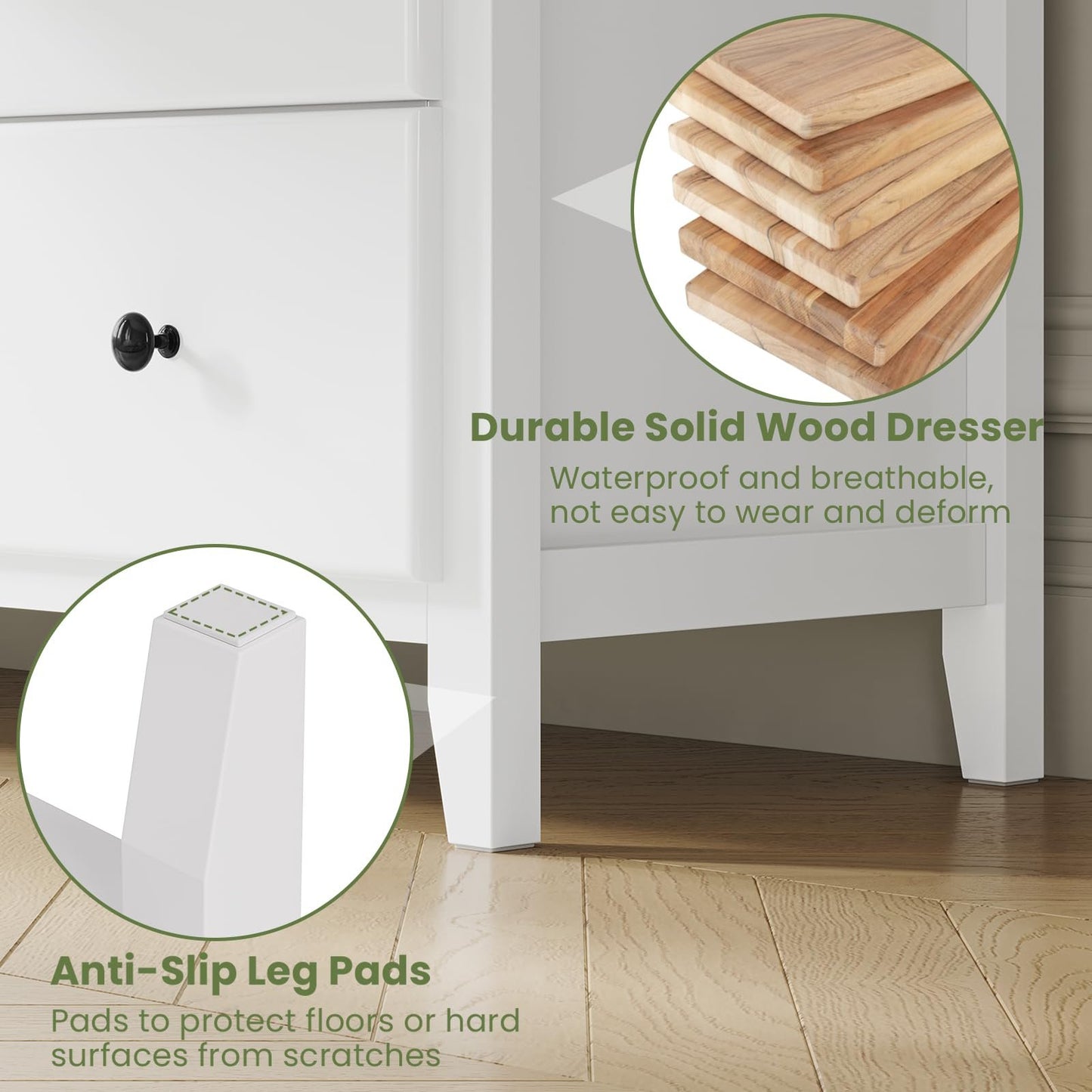 Hasuit | 55.3 Inch Wide Dresser Long Dressers Chest of Drawers Large Capacity 6 Drawer Double Dresser White