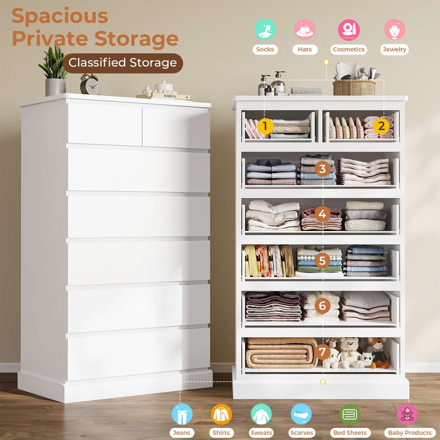 Hasuit | 51.8 Inch Tall Dresser with 7 Drawers High Chest of Drawers Storage Organizer for Closet Modern Taller Clothes Storage Tower
