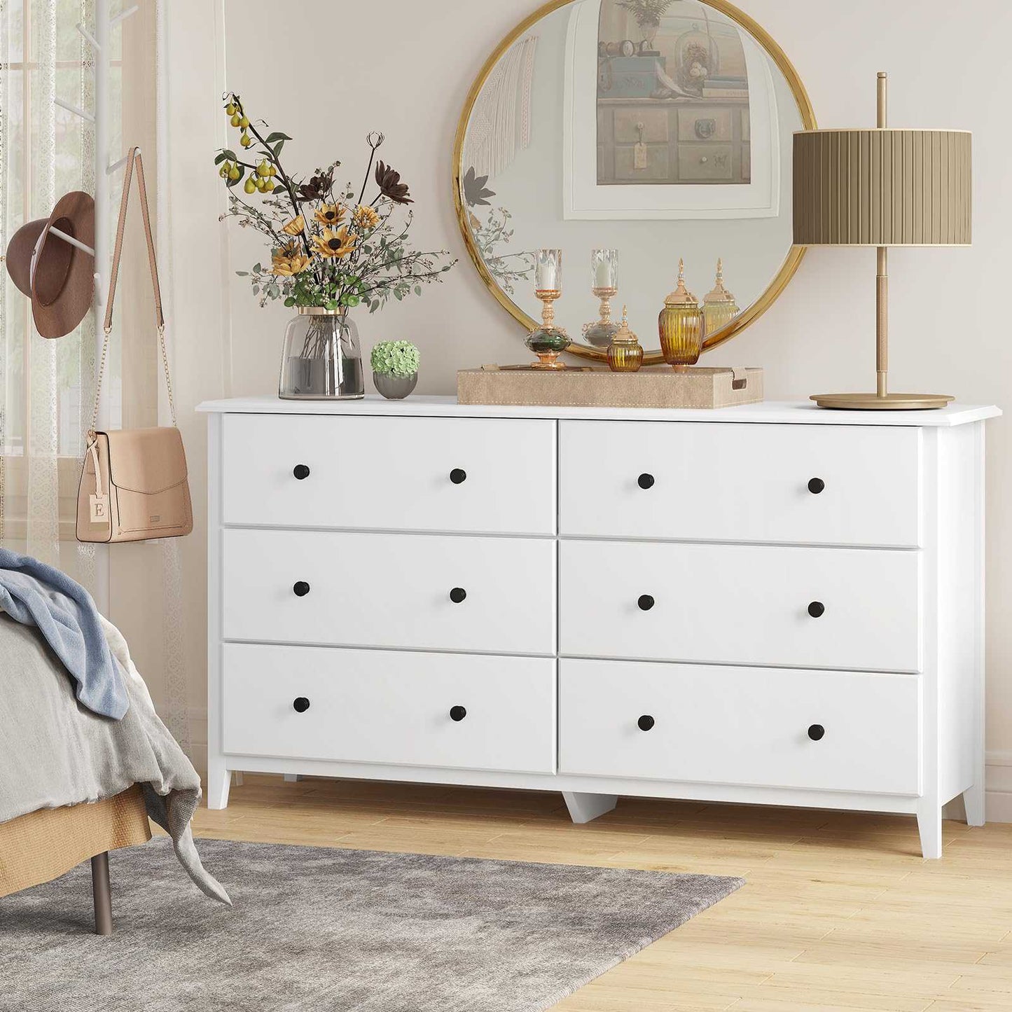 Hasuit | 55.3 Inch Wide Dresser Long Dressers Chest of Drawers Large Capacity 6 Drawer Double Dresser White