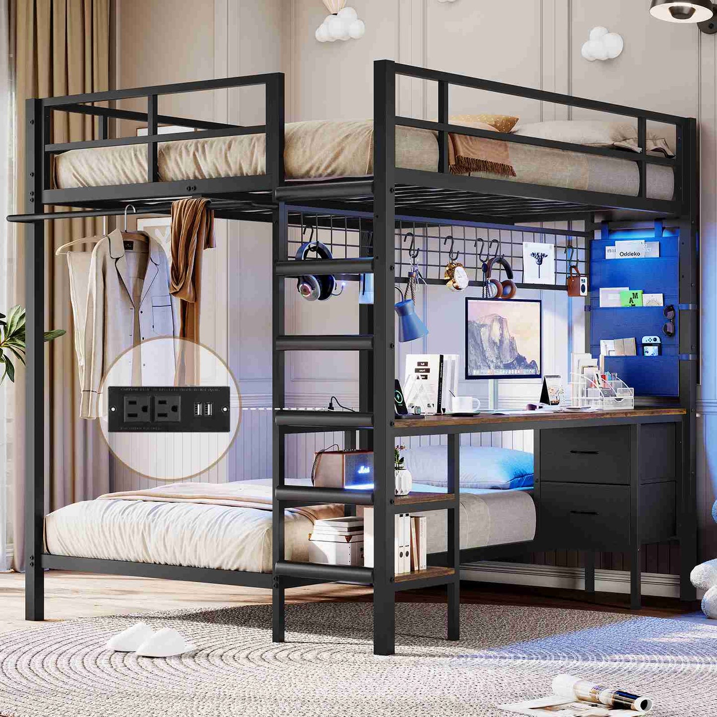 Hasuit | Full Over Twin Bunk Bed with Desk Convertible Storage Shelf Metal Loft Bed with Led Lights & Charging Station Bunk Beds for Teens with Safety Guard & Stairs