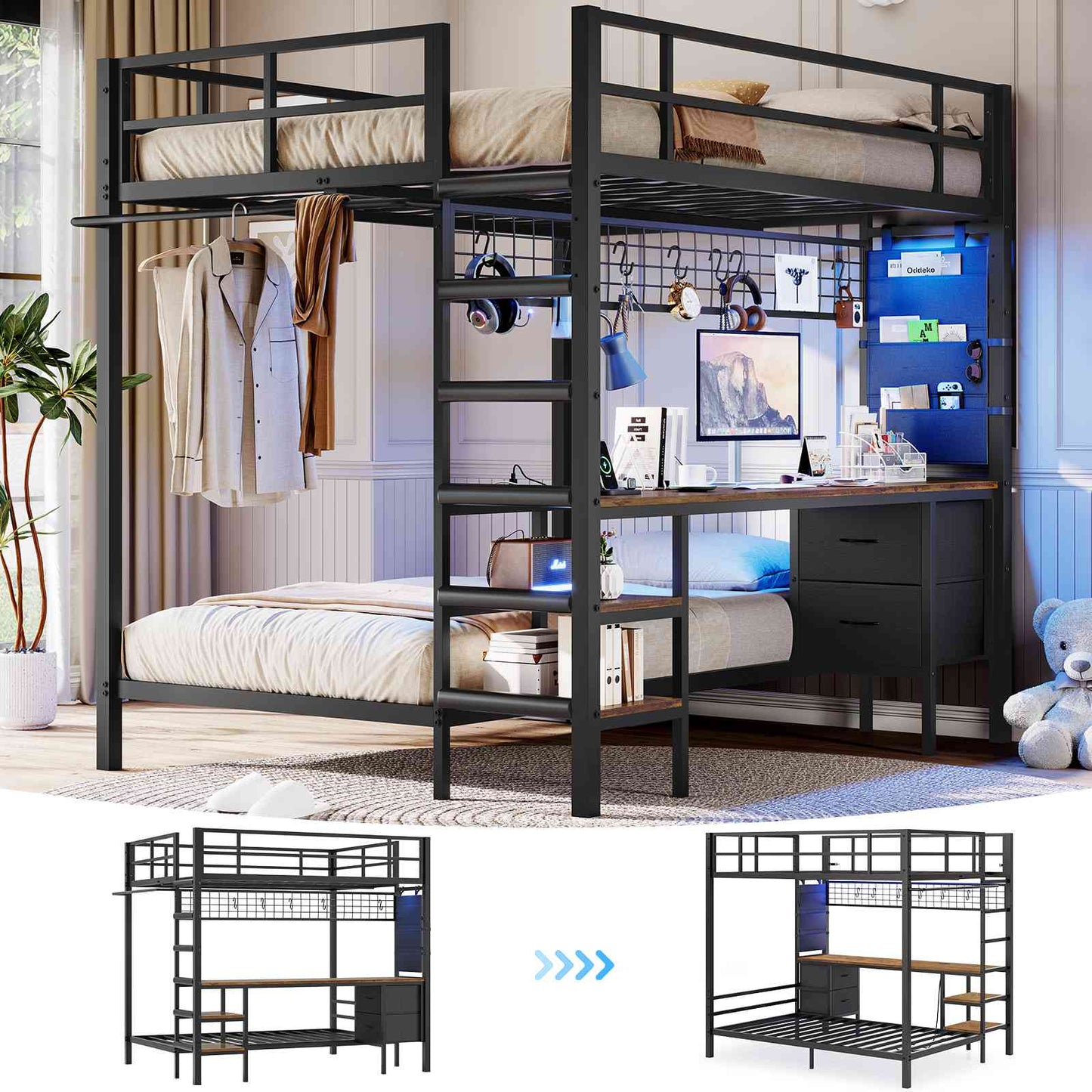 Hasuit | Full Over Twin Bunk Bed with Desk Convertible Storage Shelf Metal Loft Bed with Led Lights & Charging Station Bunk Beds for Teens with Safety Guard & Stairs