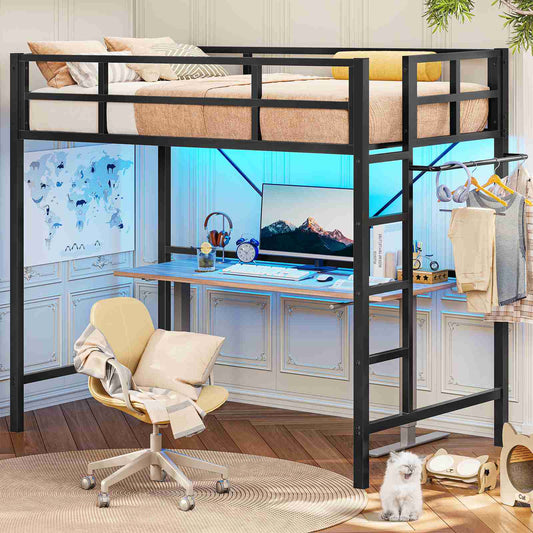 Hasuit | Twin Loft Bed with LED Lights Metal Loft Bed Twin Size with Full-Length Guardrail &Clothes Rack No Box Spring Needed