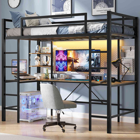 Hasuit | Twin Size Loft Bed with Desk U-Shaped Heavy Duty Metal Frame & Built-in Charging Station Safety Guardrails and Open Shelves