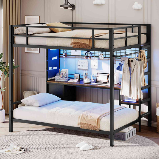 Hasuit | Full Over Twin Bunk Bed with Desk Convertible Storage Shelf Metal Loft Bed with Led Lights & Charging Station Bunk Beds for Teens with Safety Guard & Stairs