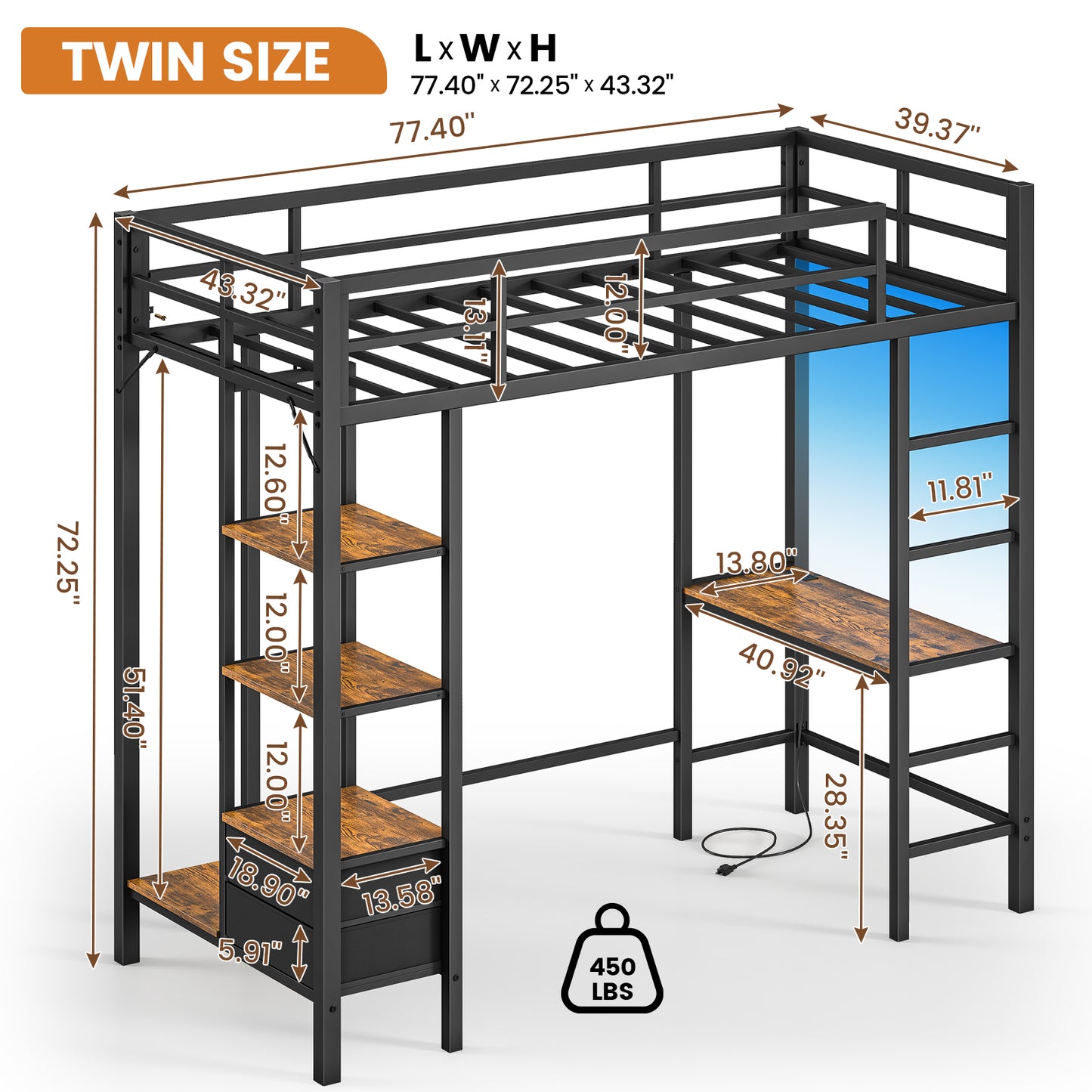 Hasuit | Loft Bed Twin Size with Desk and Charging Station Metal Twin Loft Bed with LED Lights 4 Storage Shelves and Safety Guard