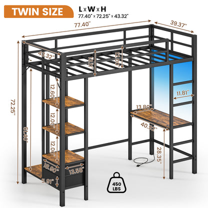 Hasuit | Loft Bed Twin Size with Desk and Charging Station Metal Twin Loft Bed with LED Lights 4 Storage Shelves and Safety Guard