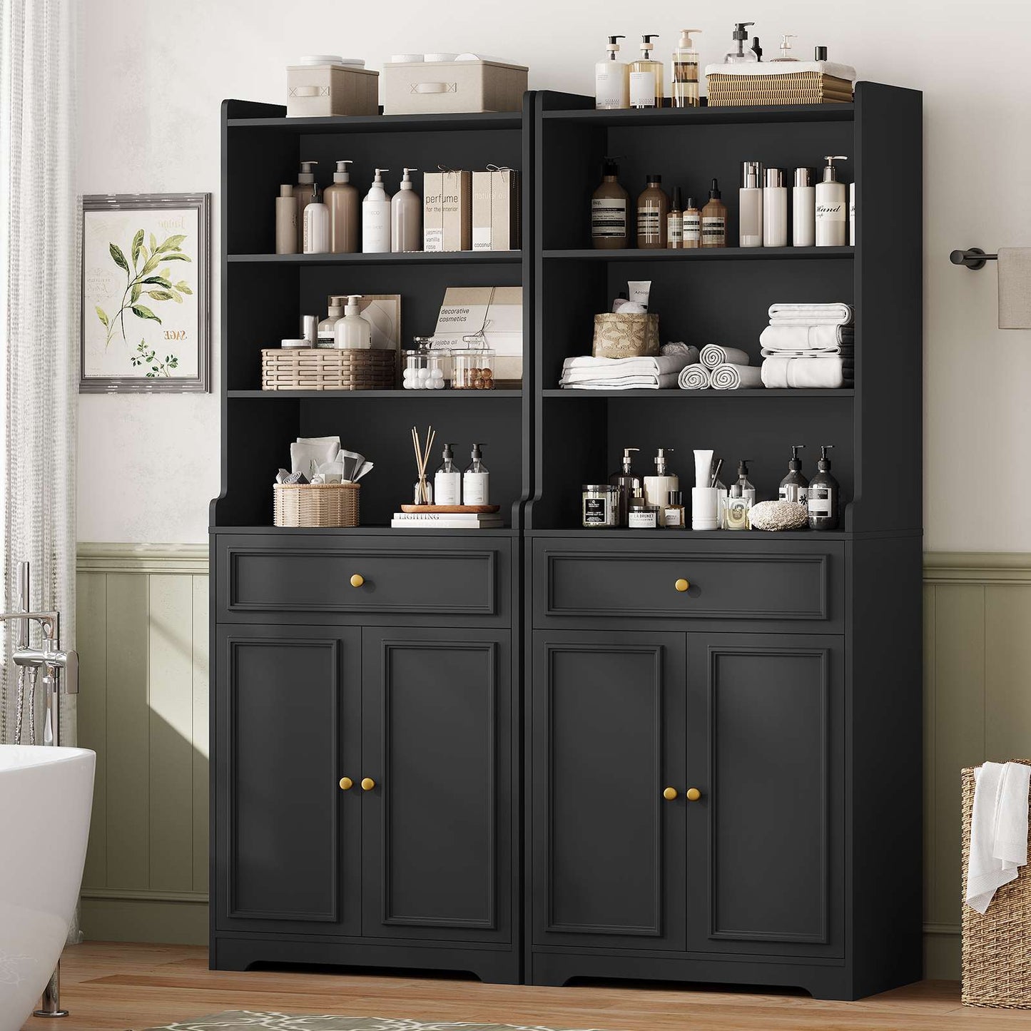 Hasuit | 73 Inch Tall Bookshelves with Doors and Drawer & Shelves Bookcase with Storage Floor Standing 7 Shelf Display Cabinet