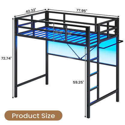 Hasuit | Twin Loft Bed with LED Lights Metal Loft Bed Twin Size with Full-Length Guardrail &Clothes Rack No Box Spring Needed