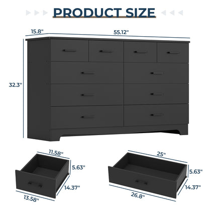 Hasuit | 55.1 Inch Wide 10 Drawer Dresser Large Chest of Drawers with Charging Station Wide Storage Clothes Closet Organizer