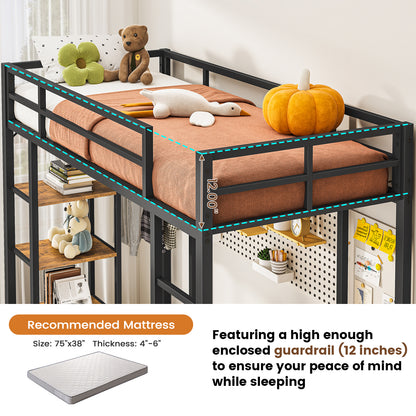 Hasuit | Loft Bed Twin Size with Desk and Charging Station Metal Twin Loft Bed with LED Lights 4 Storage Shelves and Safety Guard