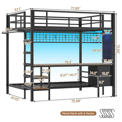 Hasuit | Full Over Twin Bunk Bed with Desk Convertible Storage Shelf Metal Loft Bed with Led Lights & Charging Station Bunk Beds for Teens with Safety Guard & Stairs