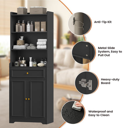 Hasuit | 73 Inch Tall Bookshelves with Doors and Drawer & Shelves Bookcase with Storage Floor Standing 7 Shelf Display Cabinet