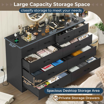 Hasuit | 55.1 Inch Wide 10 Drawer Dresser Large Chest of Drawers with Charging Station Wide Storage Clothes Closet Organizer