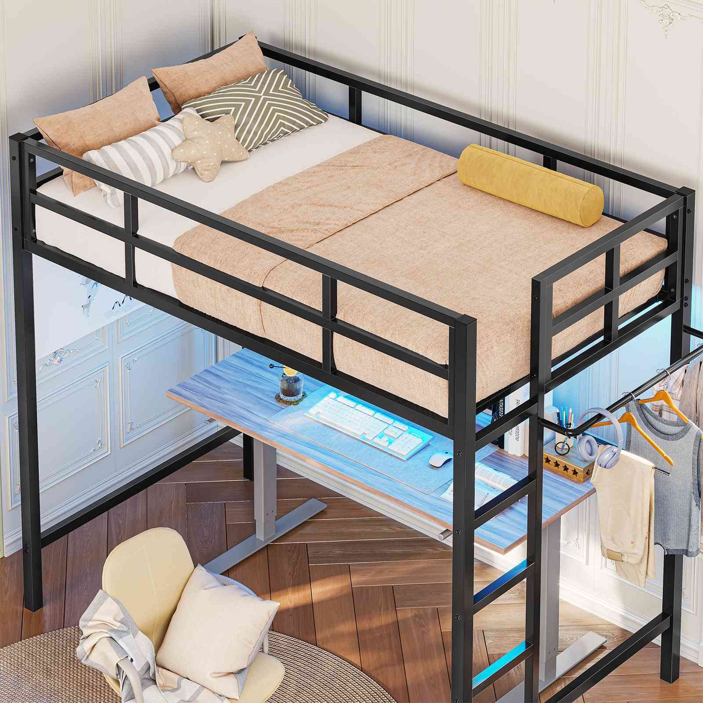 Hasuit | Twin Loft Bed with LED Lights Metal Loft Bed Twin Size with Full-Length Guardrail &Clothes Rack No Box Spring Needed