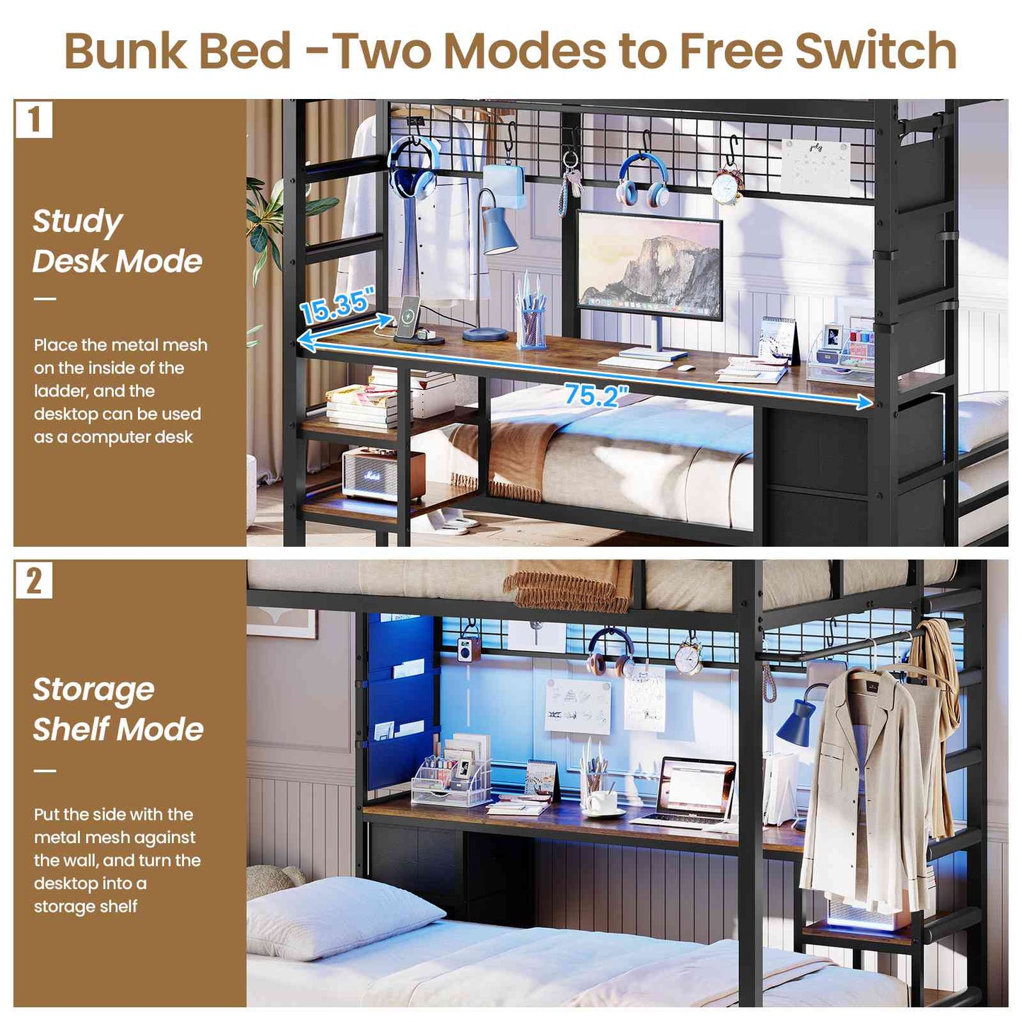 Hasuit | Full Over Twin Bunk Bed with Desk Convertible Storage Shelf Metal Loft Bed with Led Lights & Charging Station Bunk Beds for Teens with Safety Guard & Stairs
