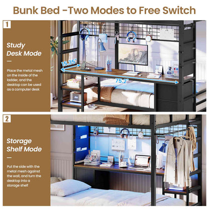 Hasuit | Full Over Twin Bunk Bed with Desk Convertible Storage Shelf Metal Loft Bed with Led Lights & Charging Station Bunk Beds for Teens with Safety Guard & Stairs
