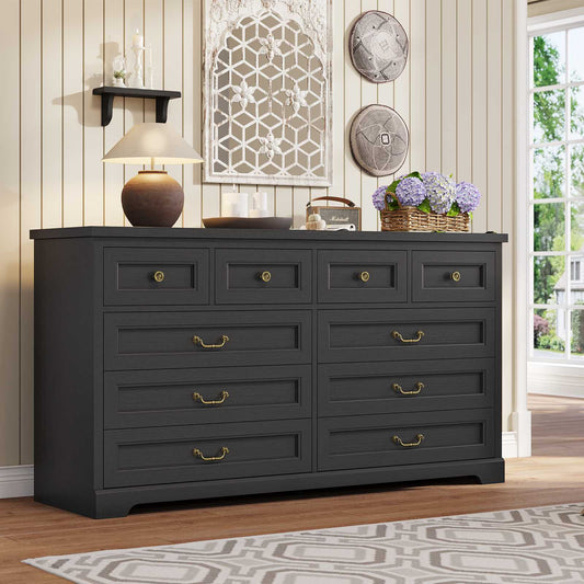 Hasuit | 55.1 Inch Wide Farmhouse 10 Drawer Dresser Rustic Wood Dressers Chest of Drawers Storage Cabinet for Bedroom Hallway